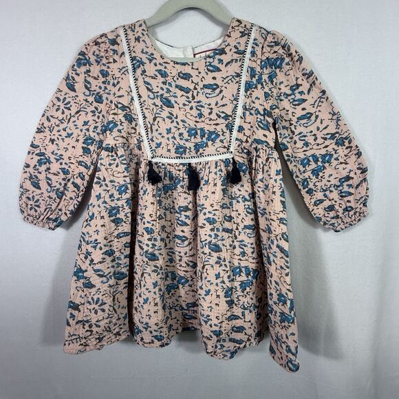 Cheeky Plum Other - Cheeky Plum Pale Pink Blue Leaf Abstract Tassel Gauze Tunic Dress Girls 5T Lined